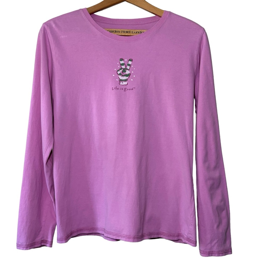 Life Is Good Sleep graphic gloved peace sign,long sleeved tee in pink. Women’s M